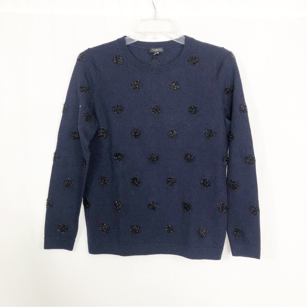 Talbots Lambswool Polka Dot Sweater, Size Small Petite, Navy Blue